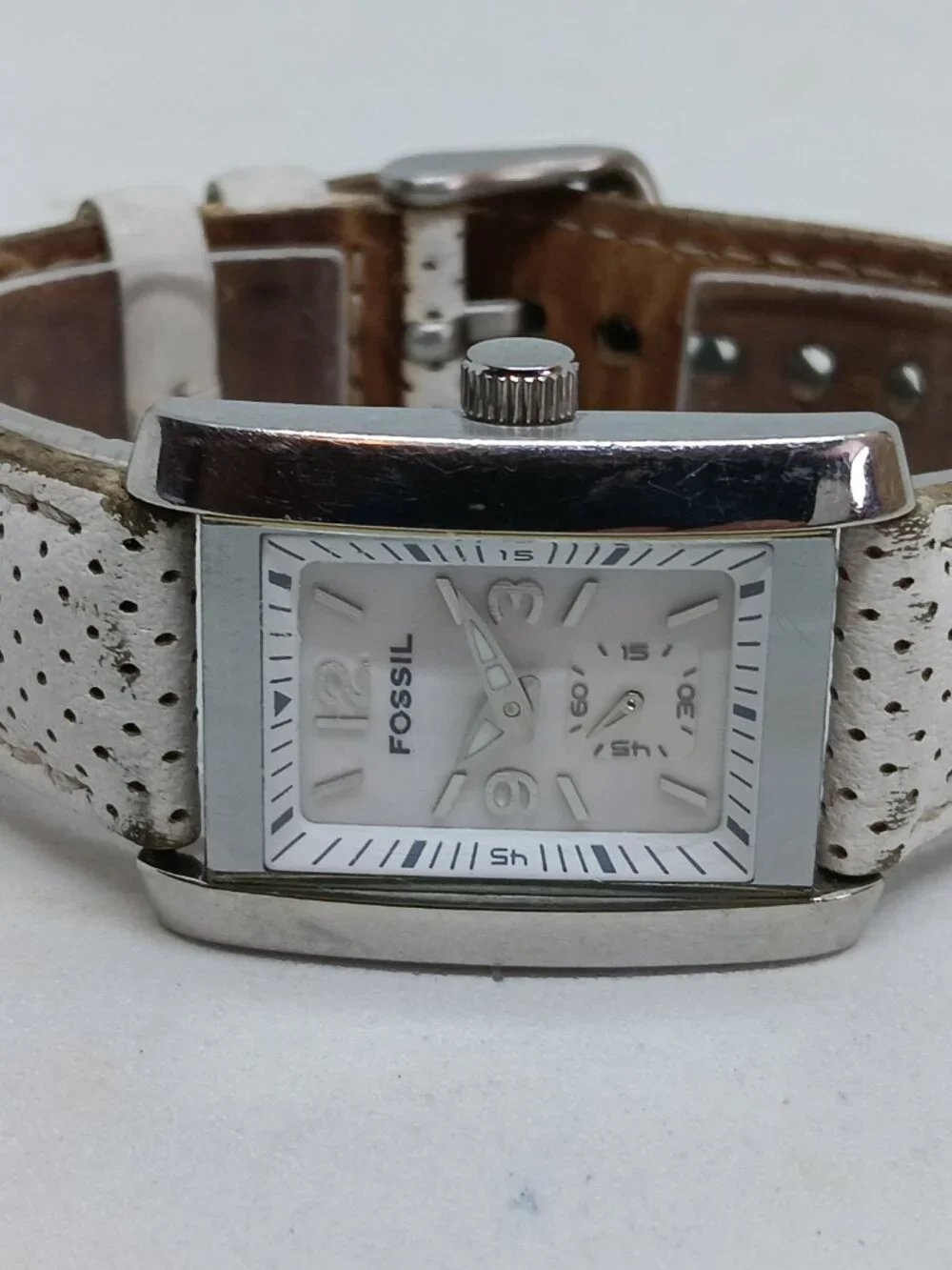 VINTAGE Fossil AM-4152 Women's 25mm x 33mm Silver S/Steel Leather Strap Watch